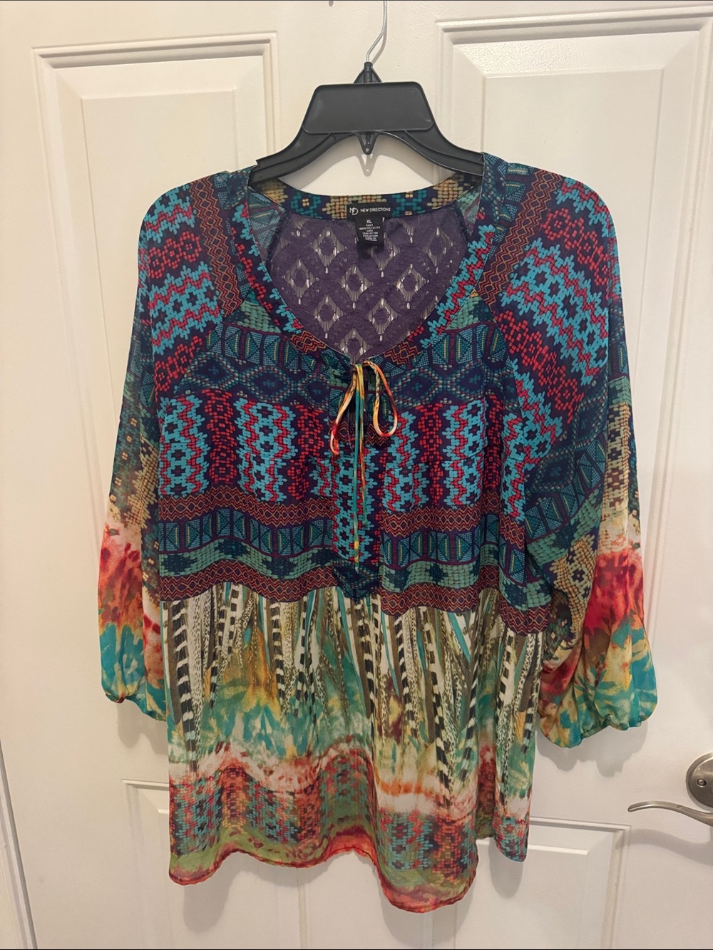 new directions Multi-Color Boho V-Neck Tie Tunic